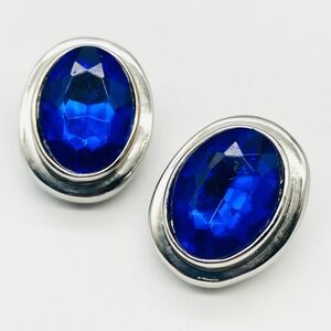 Vintage Clip On Earrings 1" Silver Tone Blue Oval Faux Sapphire Crystal